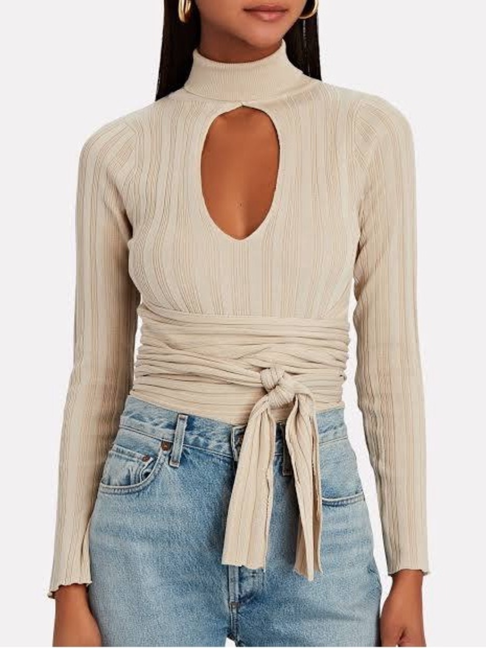 The Line by K Cream Ribbed Long-Sleeve Keyhole Wrap Top